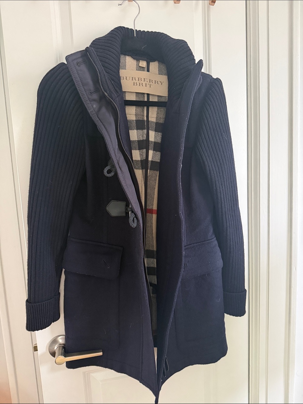 Burberry Navy Wool-Blend Girls' Toggle Pea Coat with Check Lining
